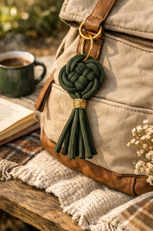 Bijou macramé fait main – Accessoire raffiné pour sac ou porte‑clés